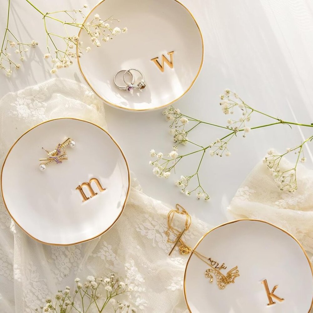 White M Ceramic Jewelry Plate with Gold 'm' Monogram and Gold Rim
